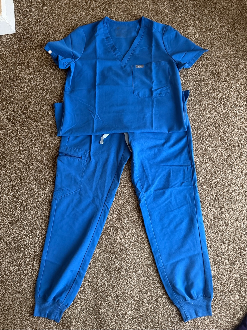 Figs Women’s Blue Medical Scrub Set - Solid V-Neck Top & Jogger Pants